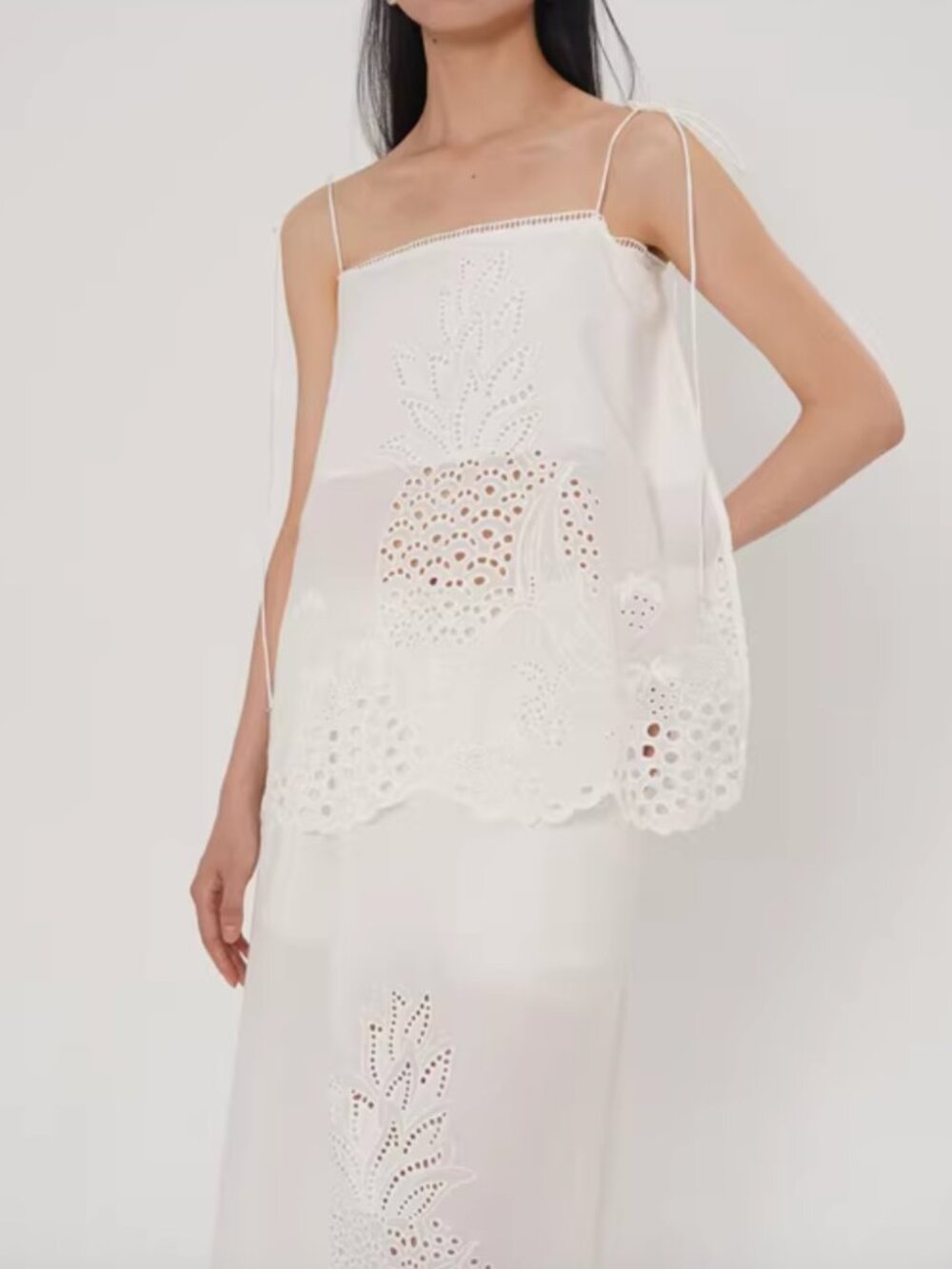 Unique 100% Cotton White Eyelet Embroidered Cami Top Tie Strap XS